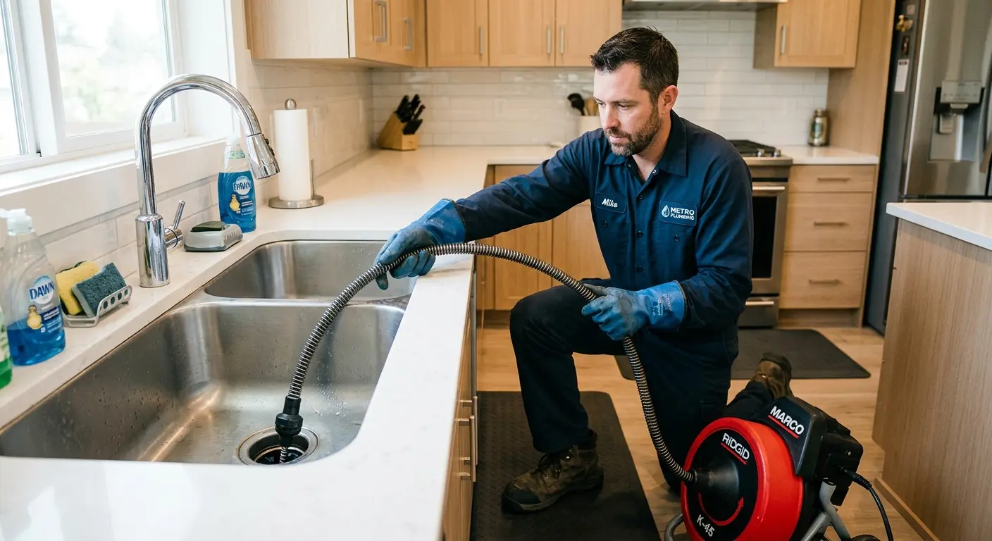 Drain cleaning technician using a motorized snake on a kitchen sink in Berkley