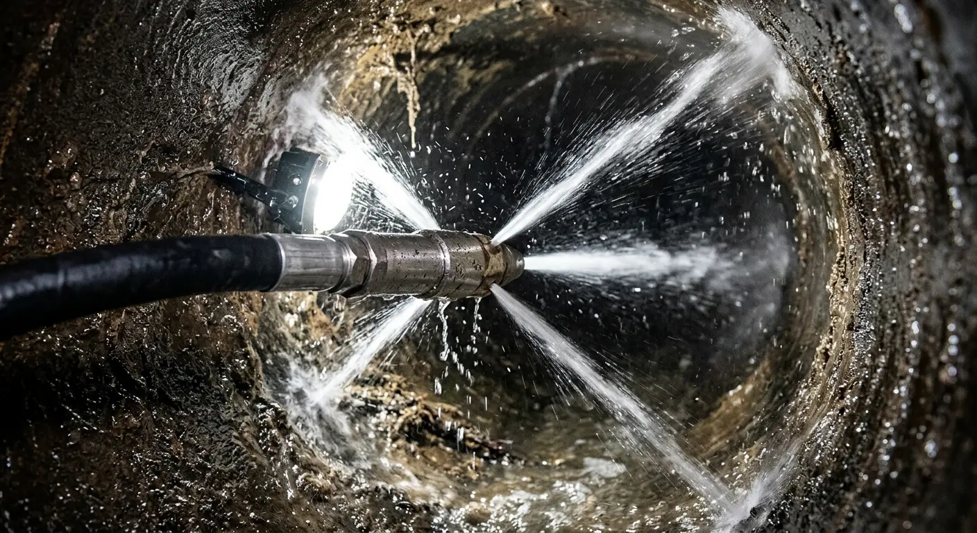 High-pressure hydro jetting nozzle cleaning sewer pipe for Emergency Drain Service in Berkley