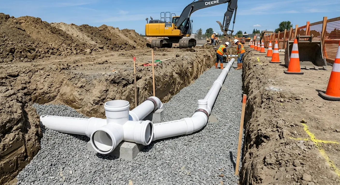 New PVC sewer pipe installation in open trench for Commercial Drain Cleaning in Berkley