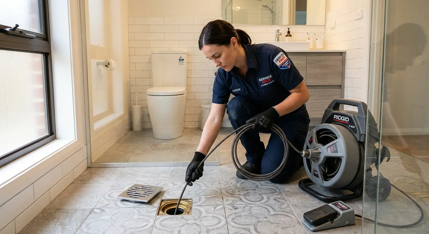 Technician clearing a bathroom floor drain for Drain Repair in Berkley